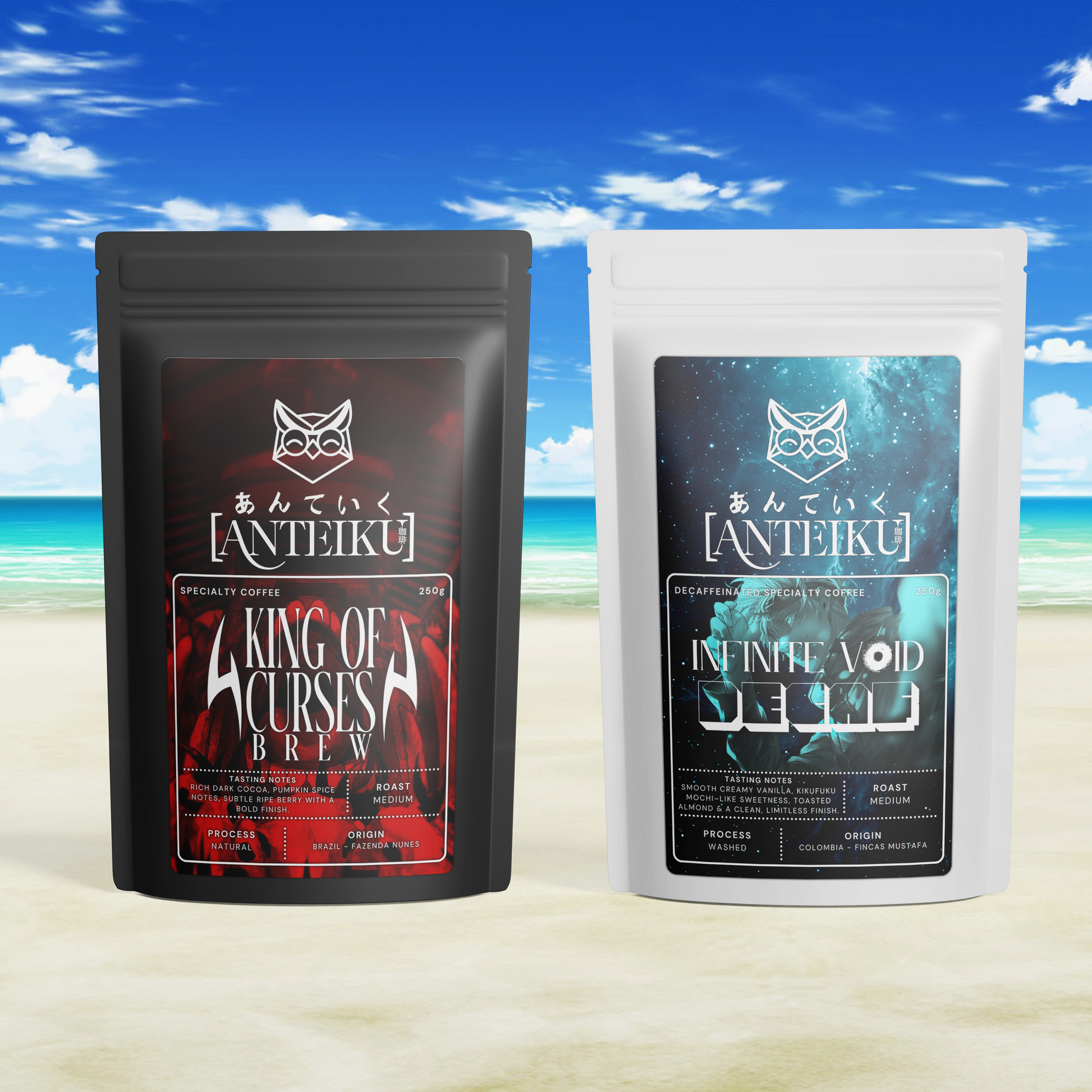 Two coffee bags with 'Anteiku' branding on a beach with ocean and sky background