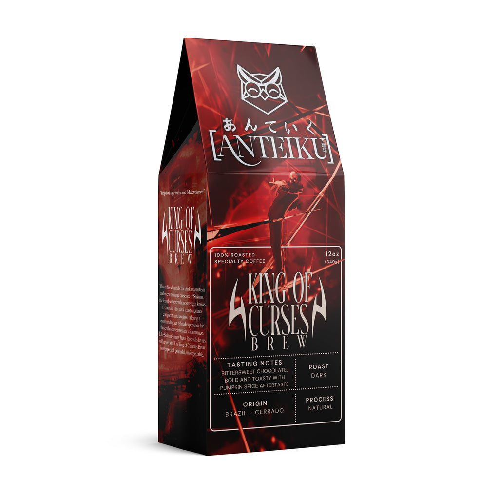 Coffee packaging with 'King of Curses Brew' branding on a white background
