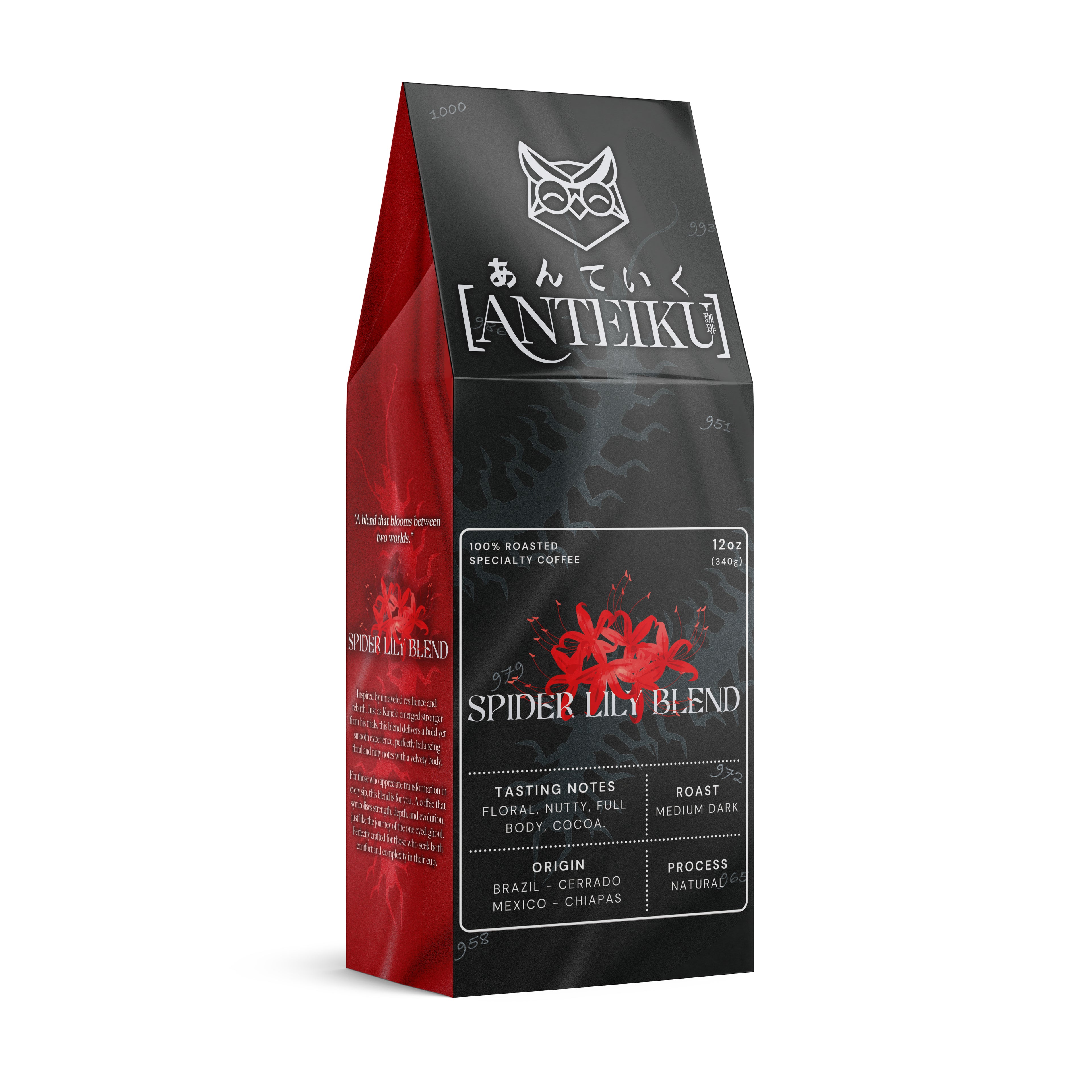 Coffee bag with 'anteiku' branding and 'Spider Lily Blend' text on a white background